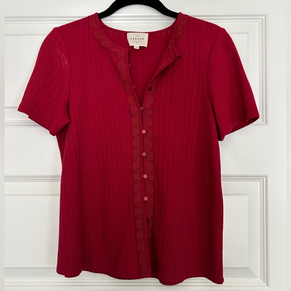 Sezane cranberry knit button front top